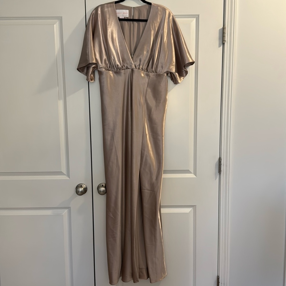 Lightly used Birdy Grey bridesmaid dress with slit; XL; Taupe
